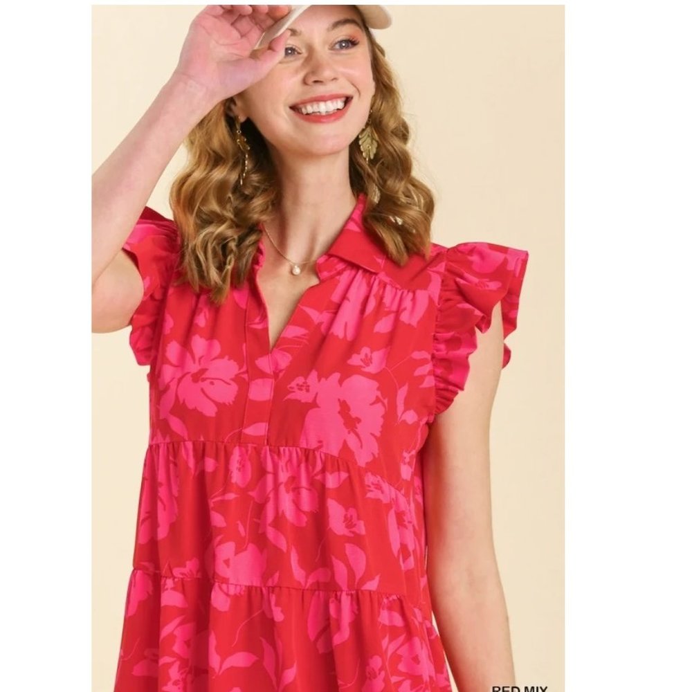Womens Plus Size Floral Mini Dress Ruffle Sleeve Tiered Babydoll Summer Dress - Picture 3 of 7